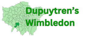 Map of wimbledon with the text "dupuytren’s wimbledon" overlaid in green.